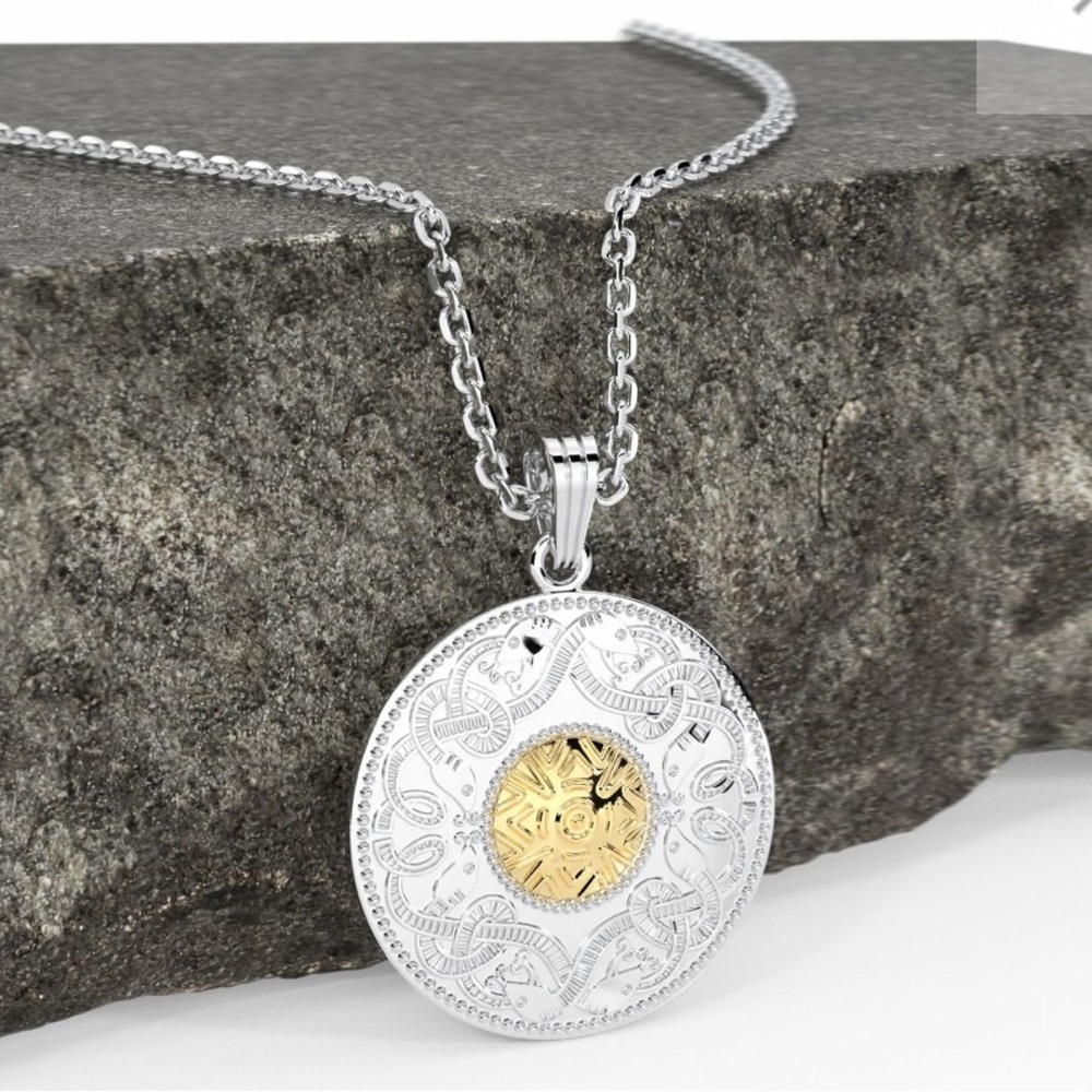 Boru Ireland Celtic Warrior Pendant Silver Chalice Disc with 18K Gold Bead